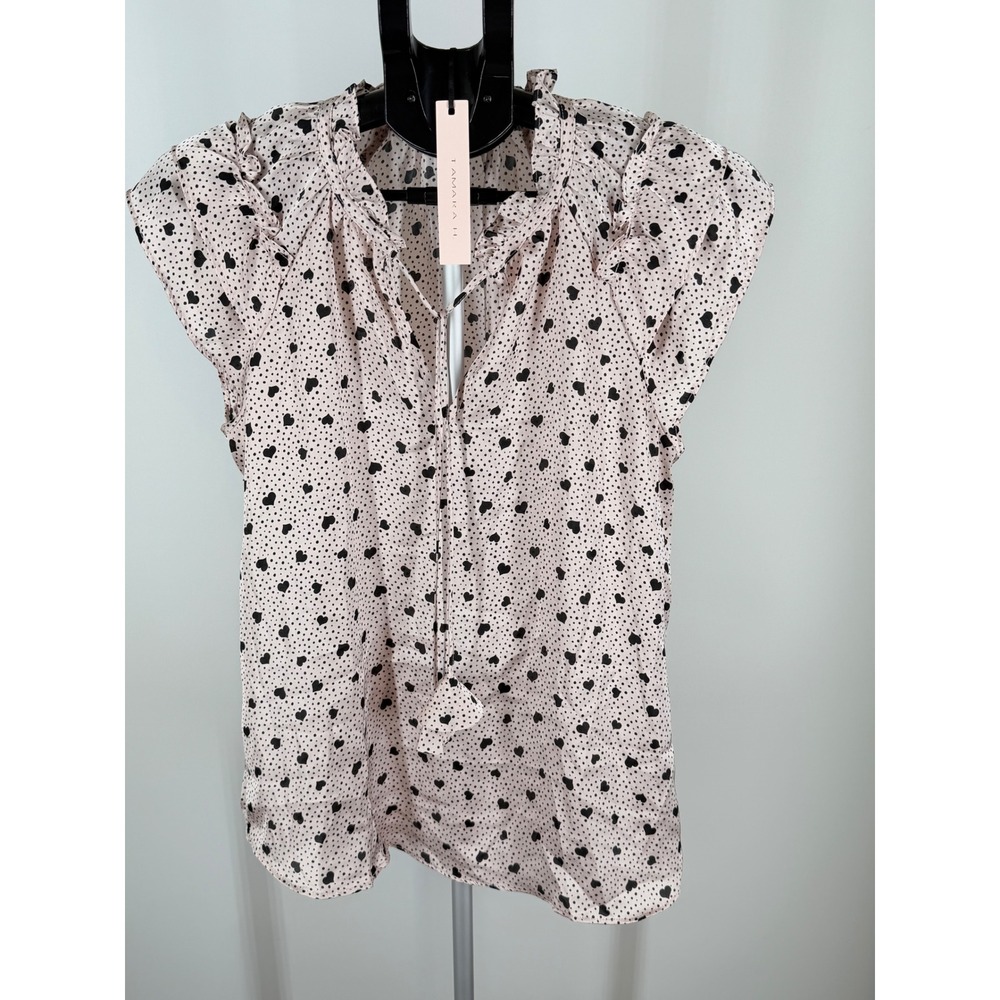Tamara H Womens Pink Heart Polka Dot Ruffle Tie Neck Blouse XS New